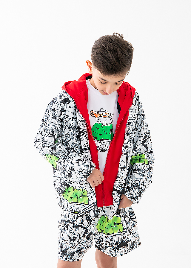 Куртка з червоним капюшоном для мальчика белая SPRAYGROUND США